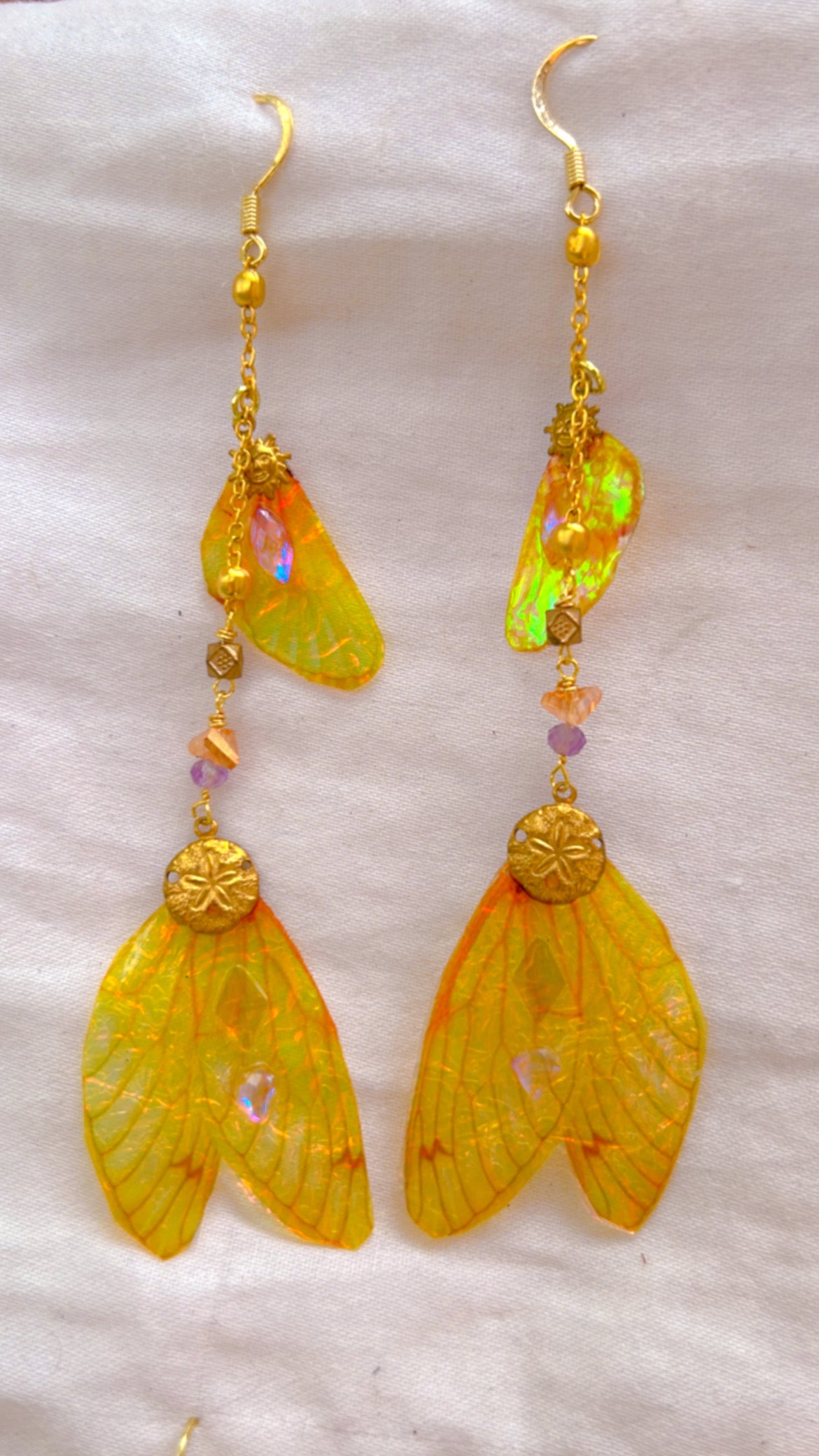 Orange Sunny Irridescent Wing Set with 14k Gold Coated Hooks for Sensitive Ears