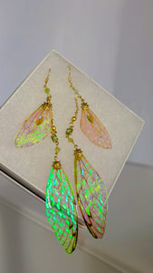 Pink and Green Princess Cicada and Green Peridot  Wing Set with 14k Gold Coated Hooks for Sensitive Ears