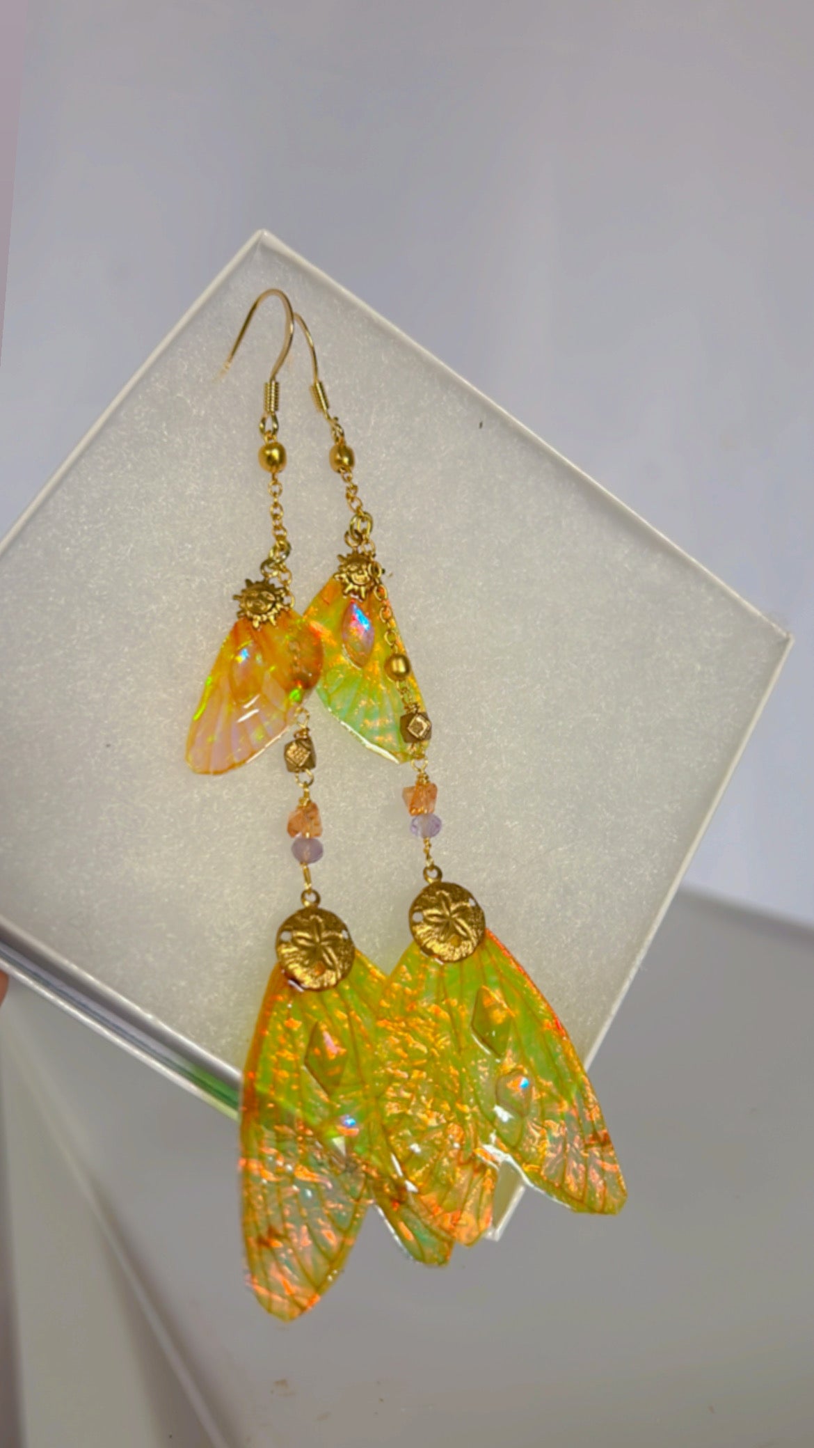 Orange Sunny Irridescent Wing Set with 14k Gold Coated Hooks for Sensitive Ears