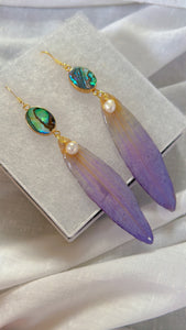 Organic blue lotus and Abalone Shell, Freshwater Pearl Set with 14k Gold Coated Hooks for Sensitive Ears