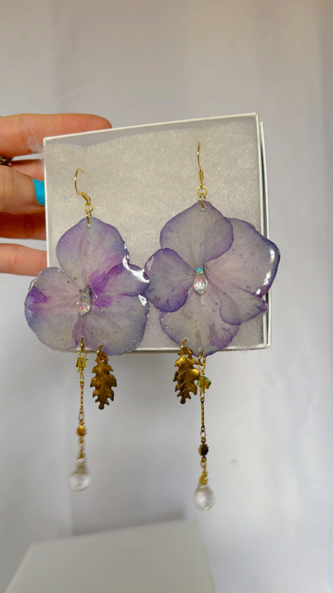 Large Lavender Hydrangea with brass Leaf Set with 14k Gold Coated Hooks for Sensitive Ears