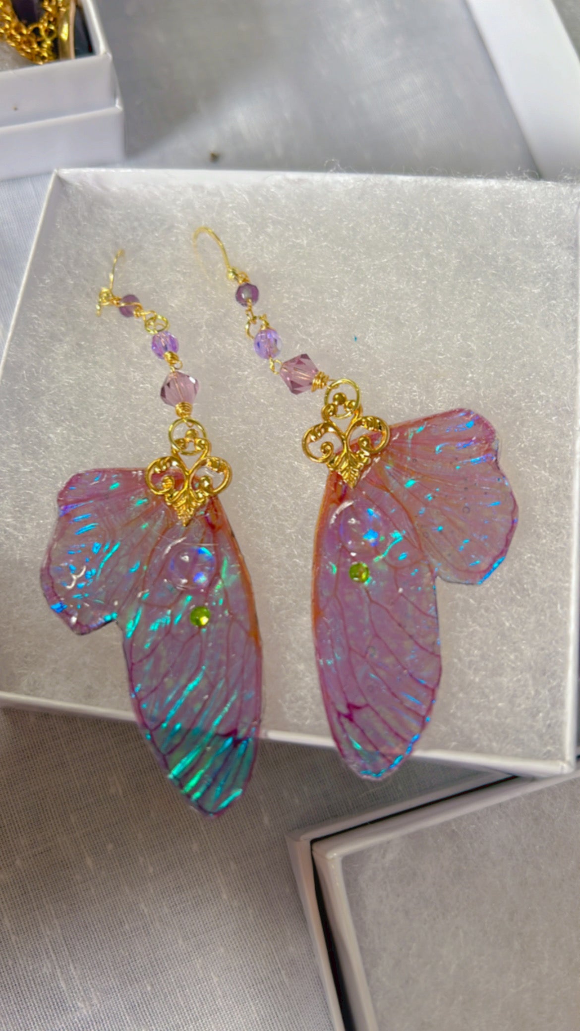 Purple Irridescent Wing Set with 14k Gold Coated Hooks for Sensitive Ears