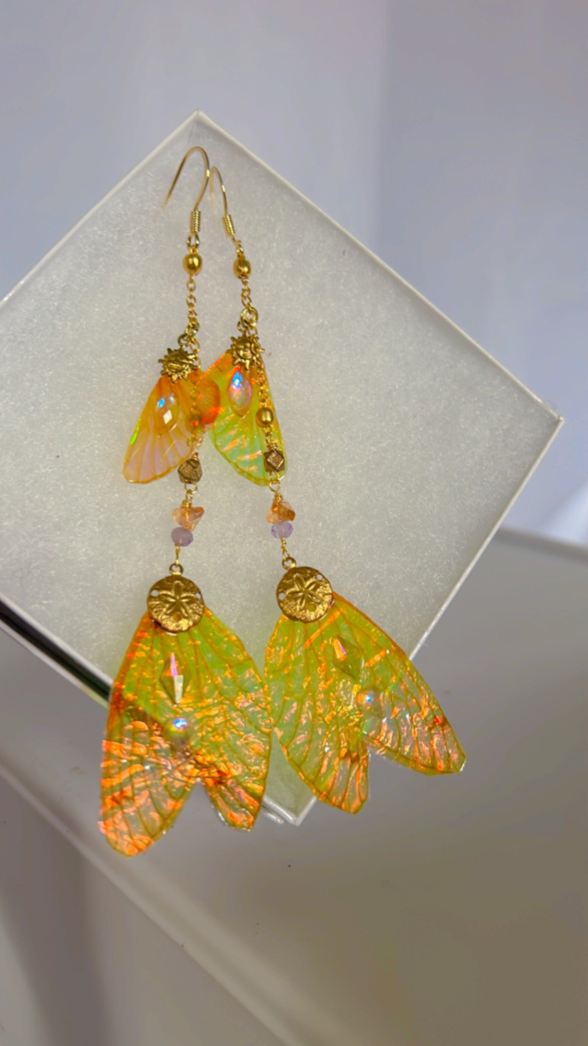 Orange Sunny Irridescent Wing Set with 14k Gold Coated Hooks for Sensitive Ears