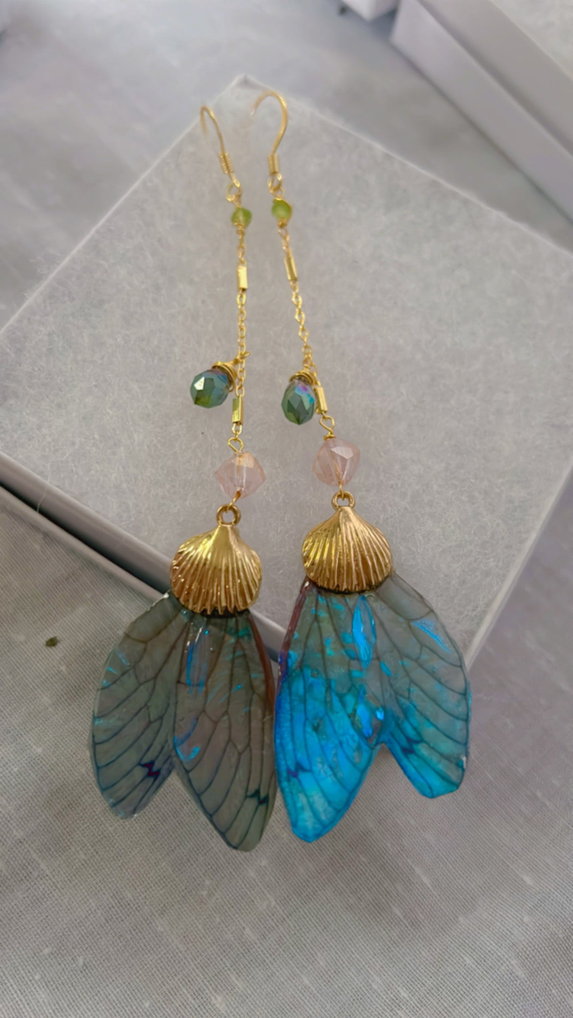 Flashy Blue Long Dangly Cicada Wing Set with 14k Gold Coated Hooks for Sensitive Ears