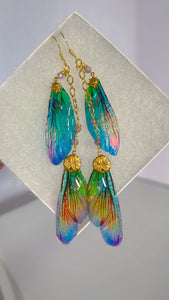 Rainbow Dragonfly Wing Set with 14k Gold Coated Hooks for Sensitive Ears