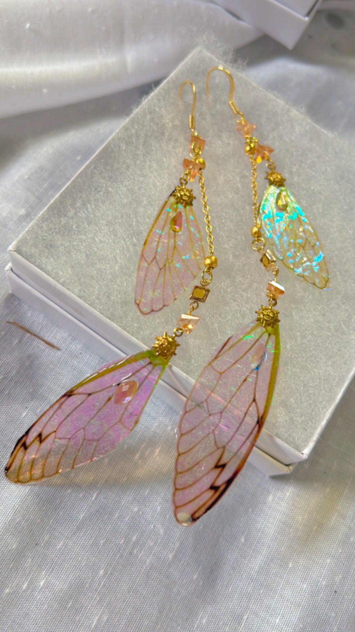 Double wing Cicada with Orange Swarovski Princess Wing Set with 14k Gold Coated Hooks for Sensitive Ears