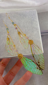 Princess Green and Pink Irridescent Cicada Wing Set with 14k Gold Coated Hooks for Sensitive Ears