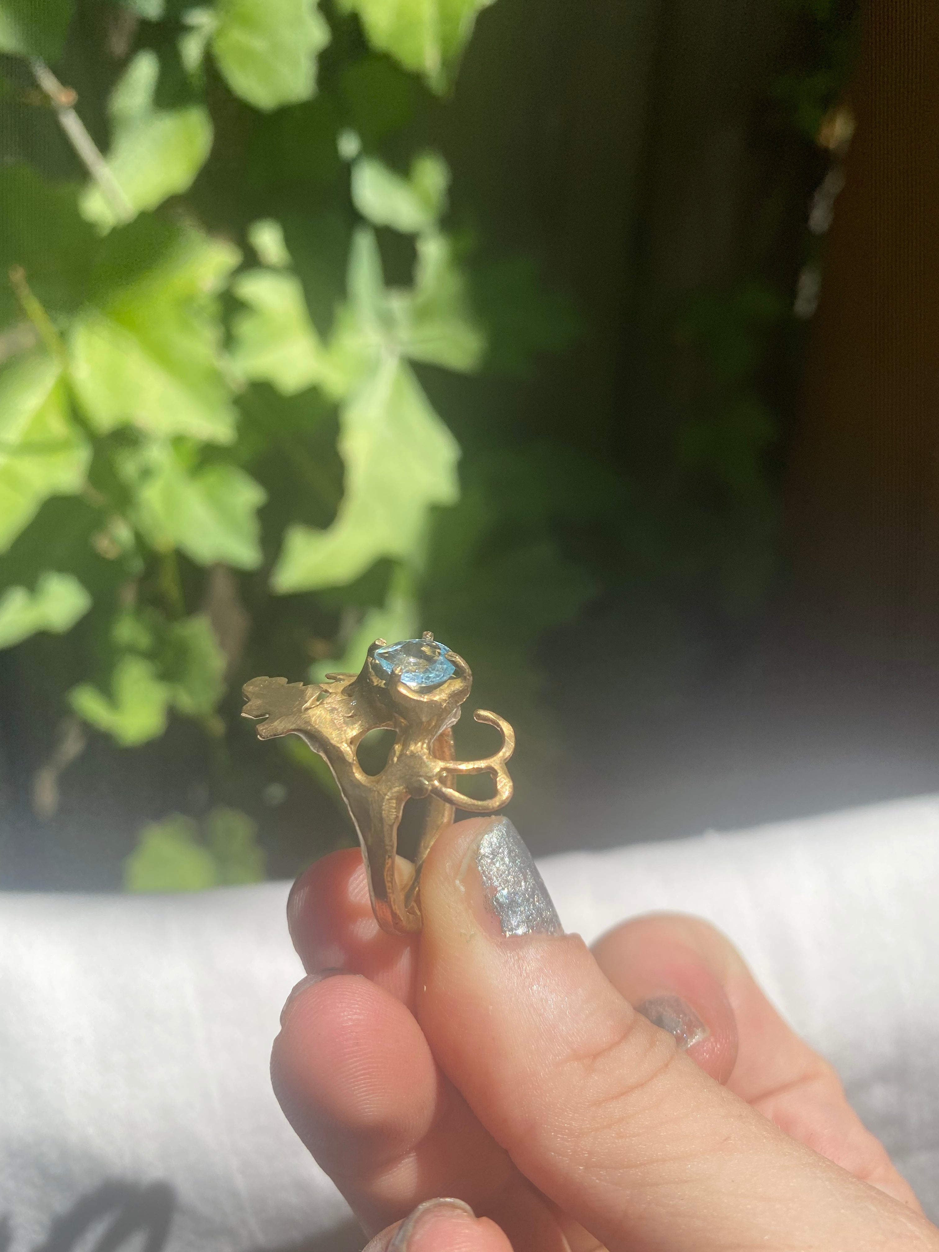 Bronze Fern and Blue Topaz Ring Size 6.5