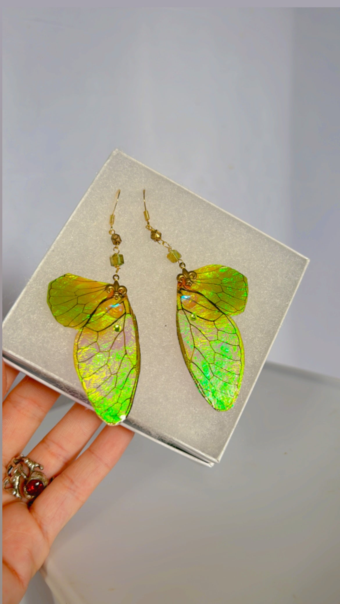 Iridescent Green Wing Set 14k Gold Coated for Sensitive Ears