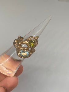 Peridot and Blue Topaz Mermaid Bronze Ring size 6.5