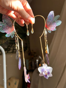 Pink and Blue OOAK Irridescent Fairy Cuff For Non pierced Ears, Organic Orchids