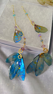 Blue Flashy Cicada Wing Set with 14k Gold Coated Hooks for Sensitive Ears