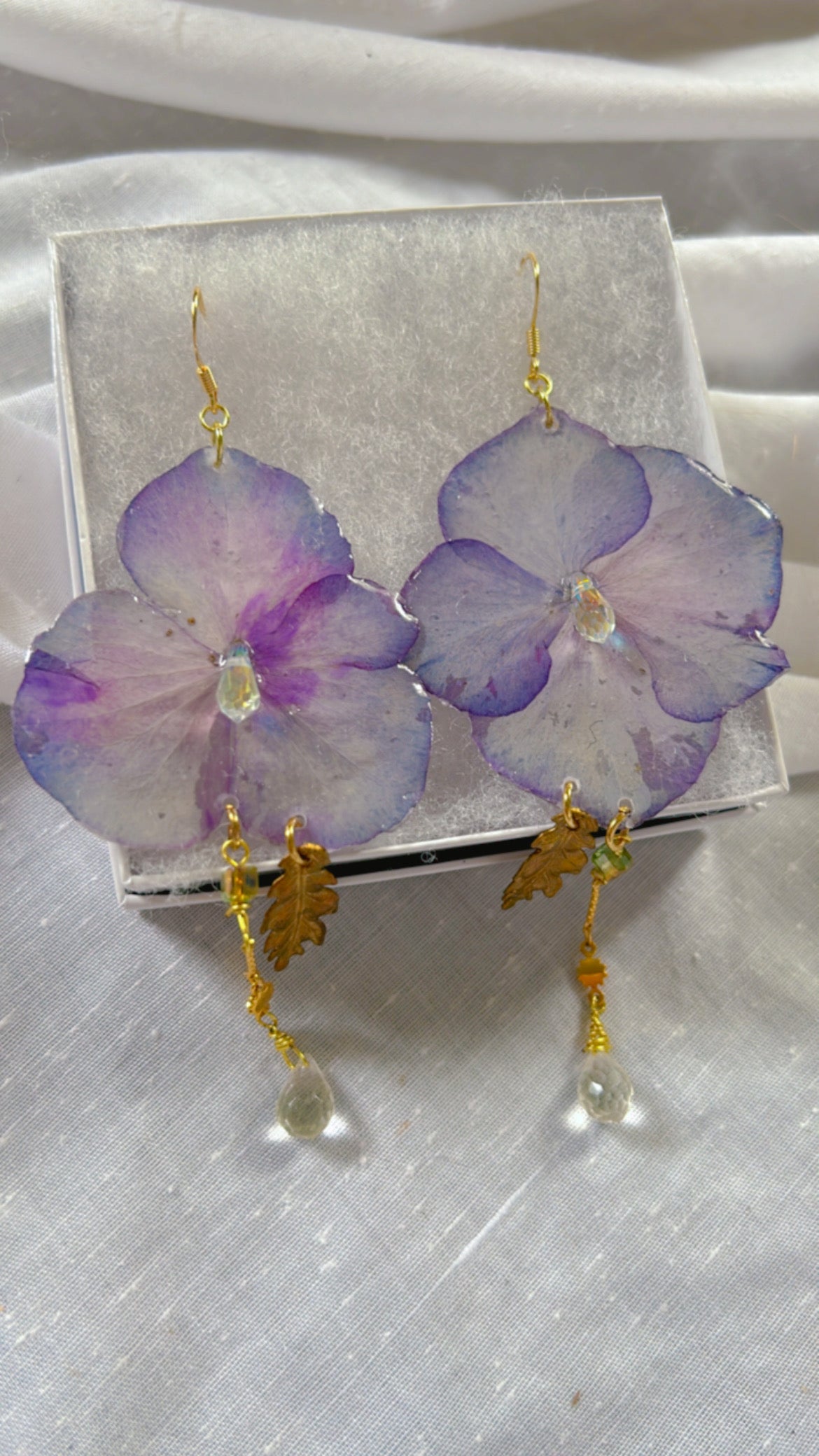 Large Lavender Hydrangea with brass Leaf Set with 14k Gold Coated Hooks for Sensitive Ears