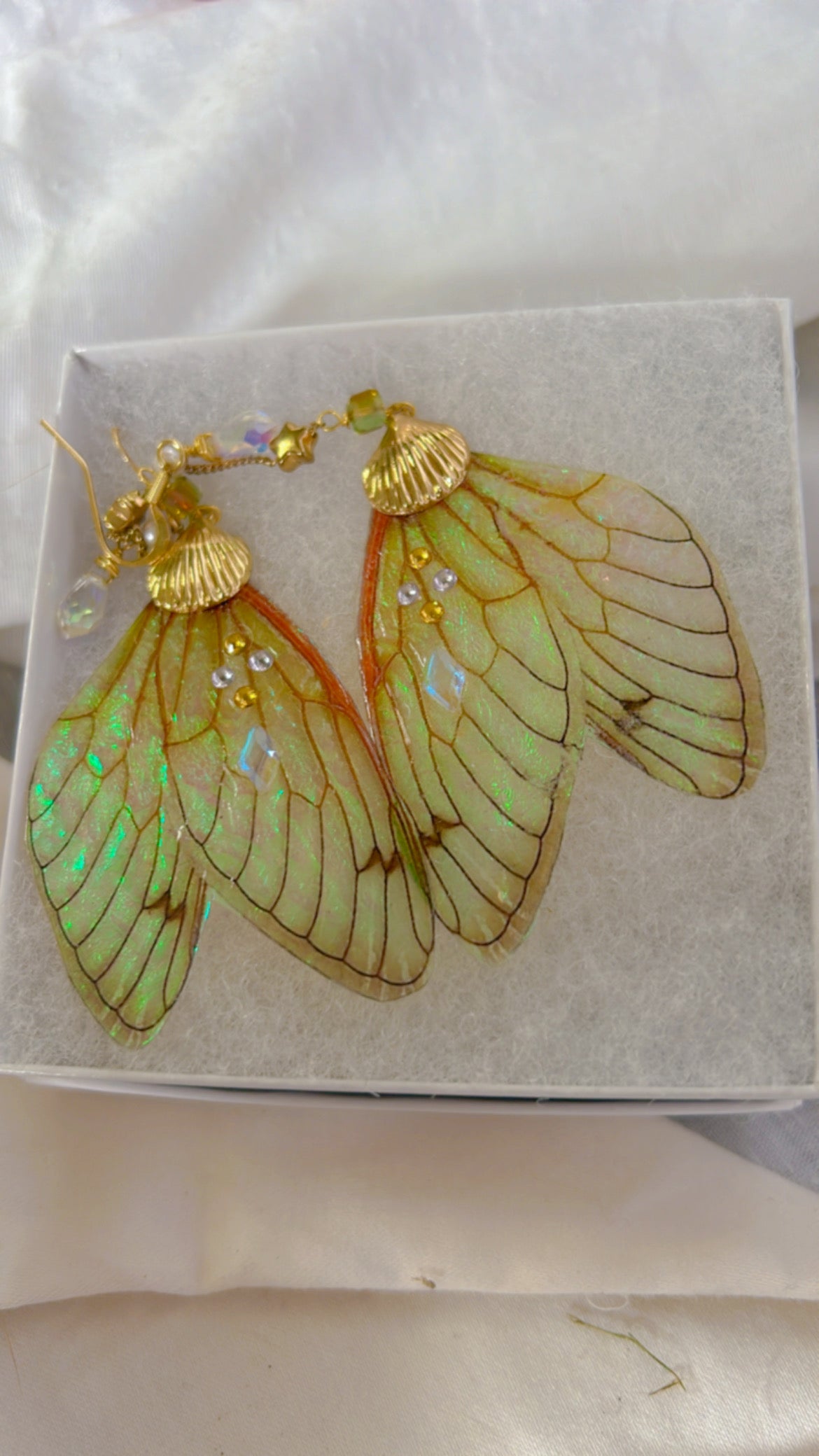 Large Green Flash Cicada Wing Set 14k Gold Coated for Sensitive Ears