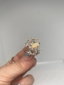 “Crested Dew” Ethiopian Opal, Sterling 925 Silver Spiked Ring Size 6.5