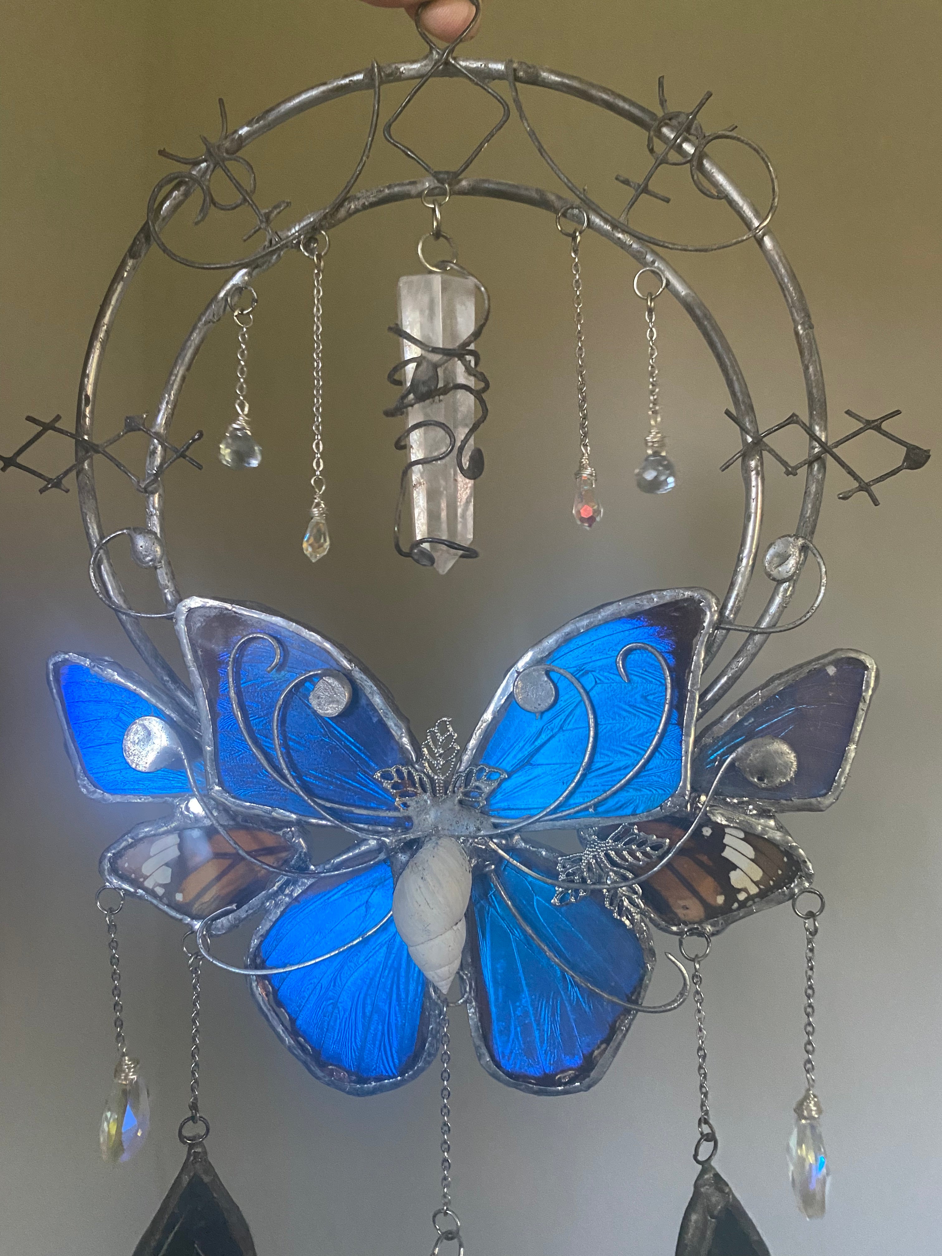 “Morpho Glyph Portal” Black Petina Organic Morpho and Monarch Wall Art with Runic Protection Glyphs, Crow Feather Suncatcher