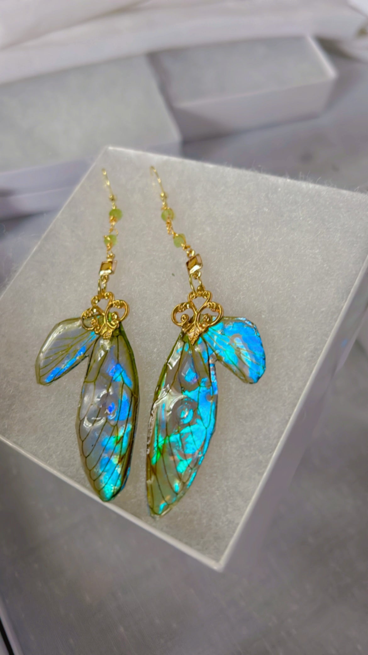 Blue Flashy “labradorite style” Cicada Wing Set with 14k Gold Coated Hooks for Sensitive Ears