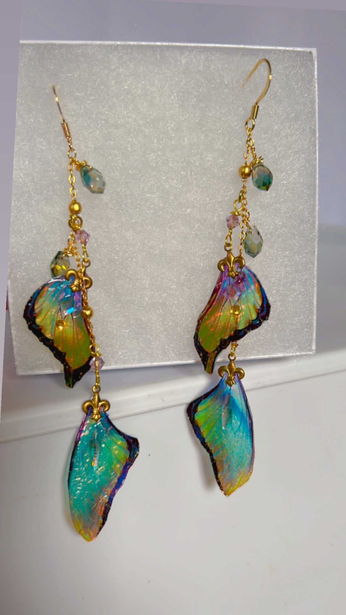 Double Rainbow Irridescent Wing Set with 14k Gold Coated Hooks for Sensitive Ears