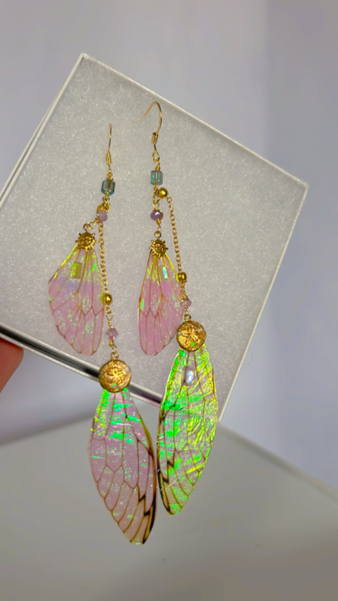 Princess Green and Pink Irridescent Cicada Wing Set with 14k Gold Coated Hooks for Sensitive Ears