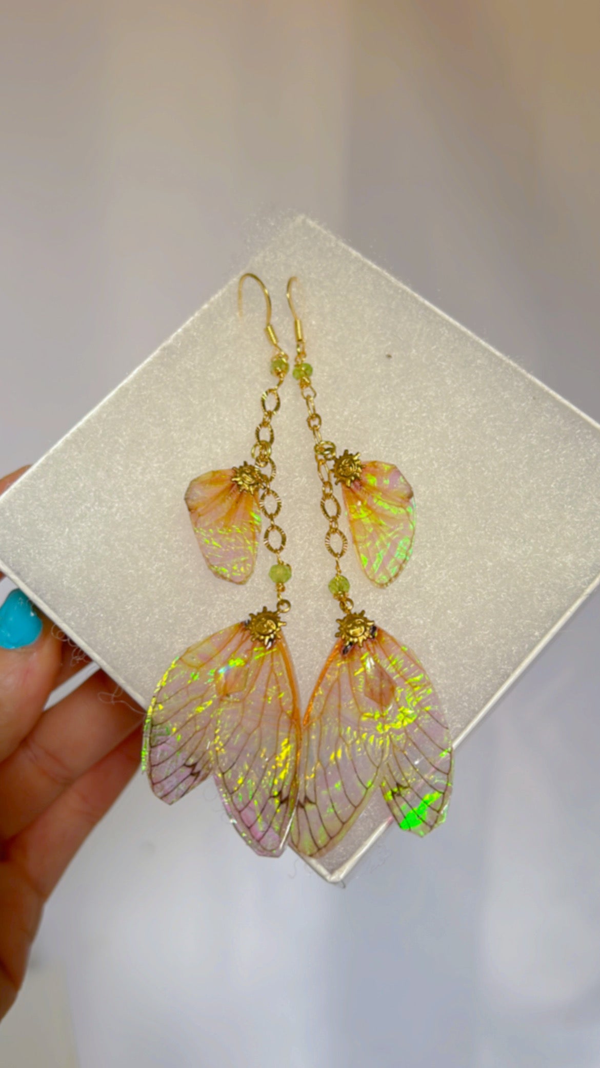 Delicate Orange Cicada Double Wing Set with 14k Gold Coated Hooks for Sensitive Ears