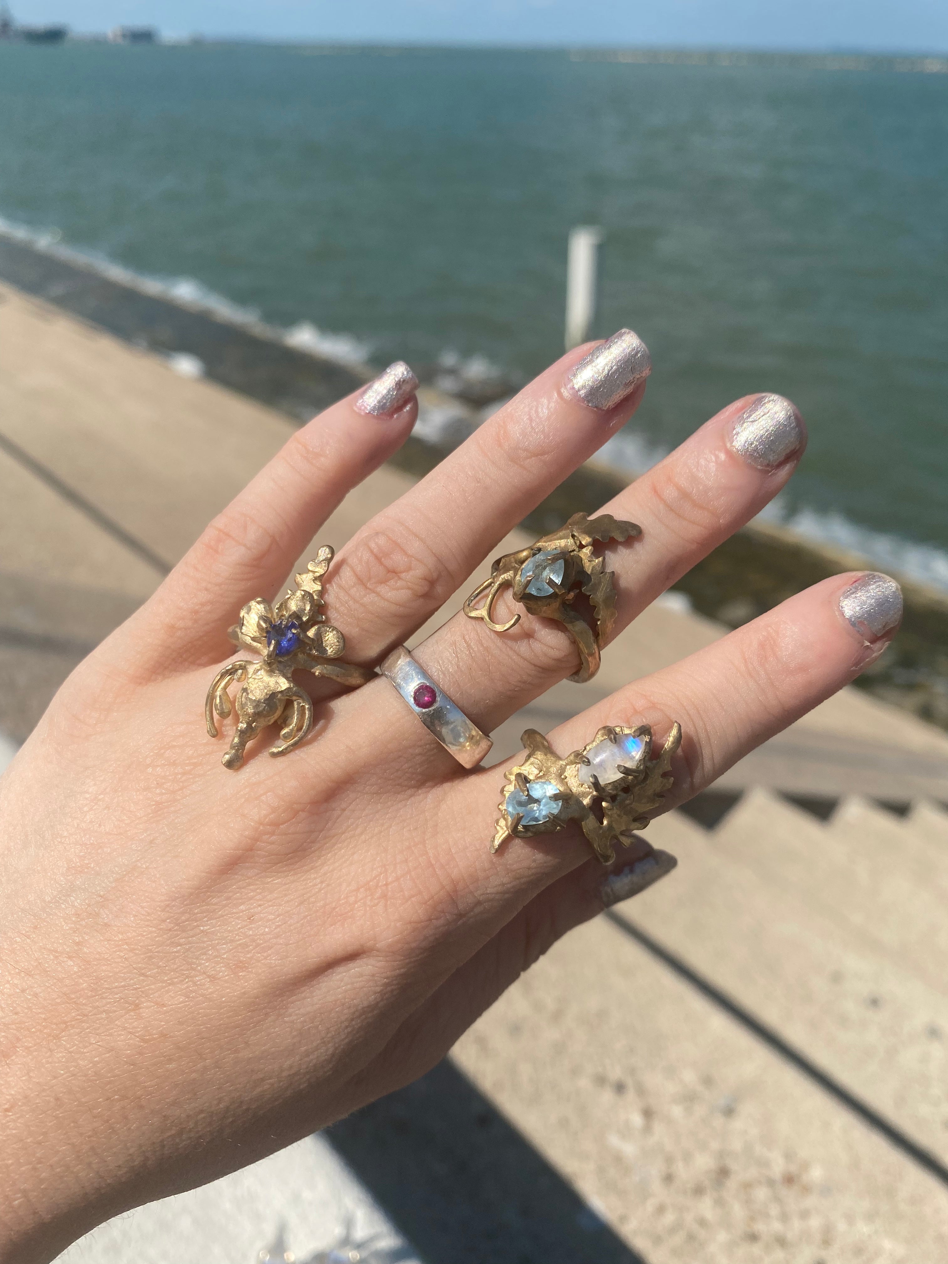 “Florentine” Floral Oddity Bronze Ring with Lab Sapphire Size 7