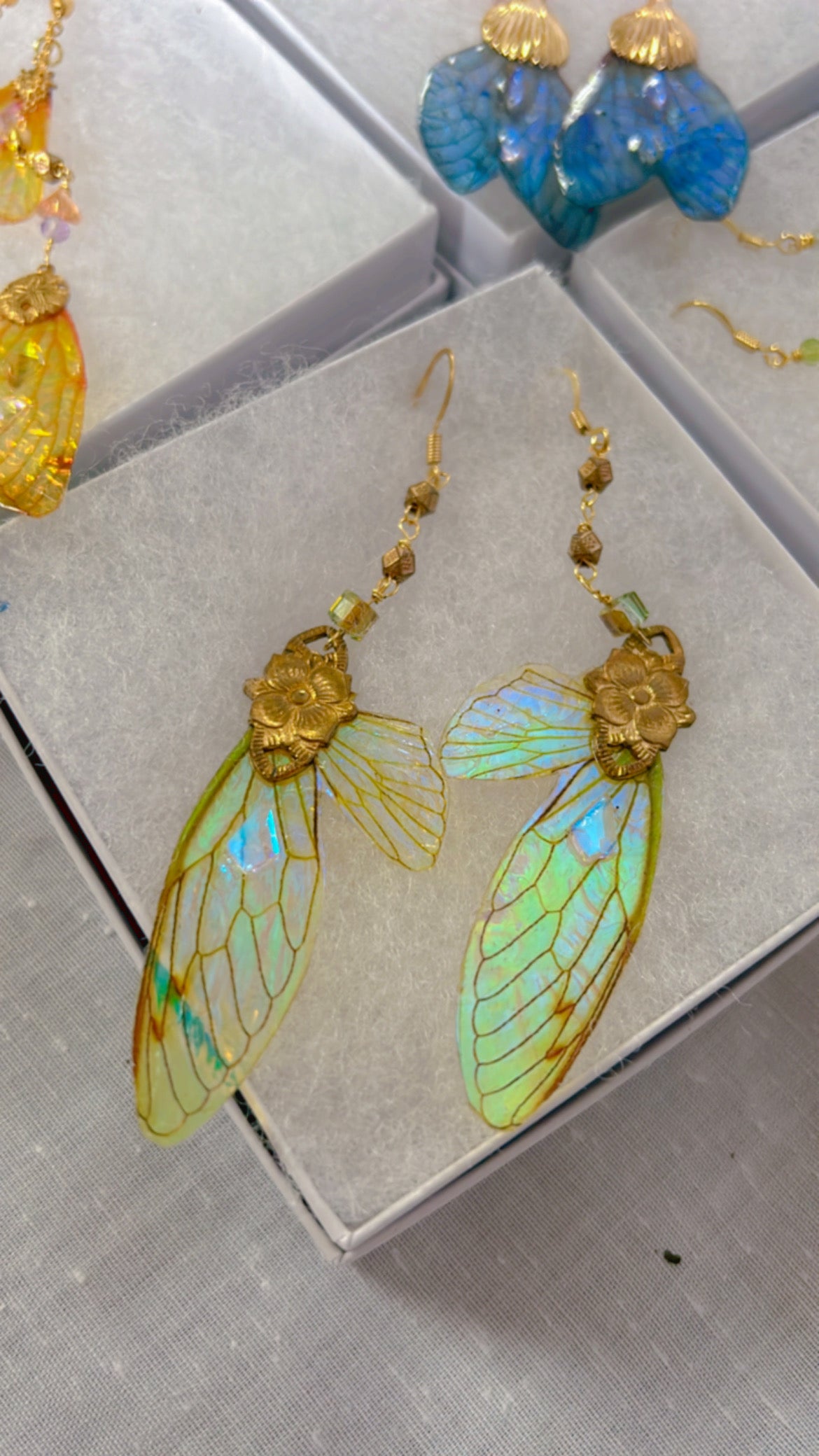 Pink and Green Delicate Nouveau Cicada Wing Set with 14k Gold Coated Hooks for Sensitive Ears