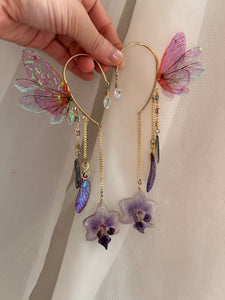 Pink and Blue OOAK Irridescent Fairy Cuff For Non pierced Ears, Organic Orchids