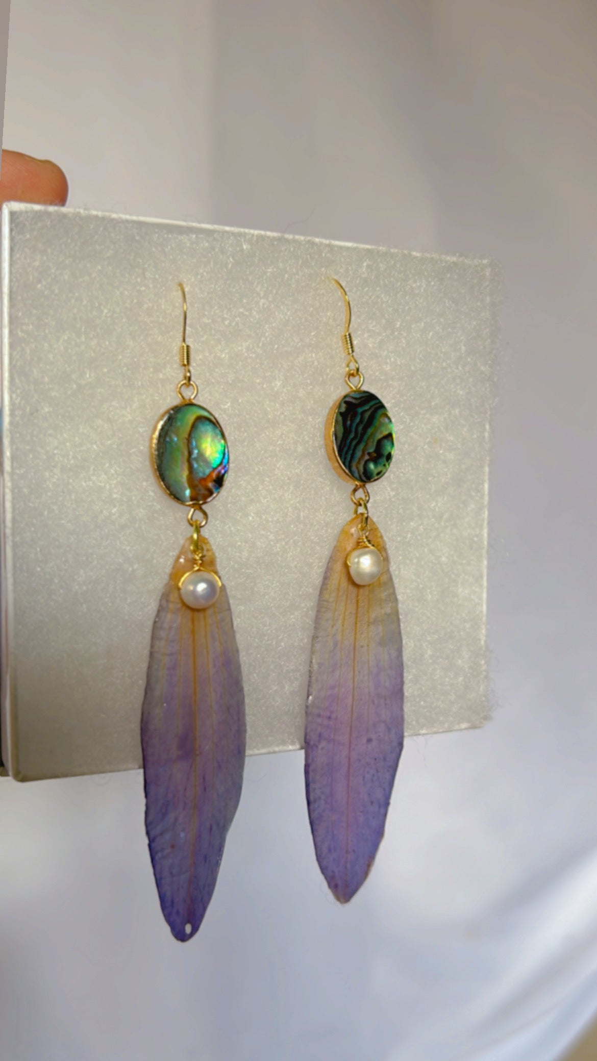 Organic blue lotus and Abalone Shell, Freshwater Pearl Set with 14k Gold Coated Hooks for Sensitive Ears