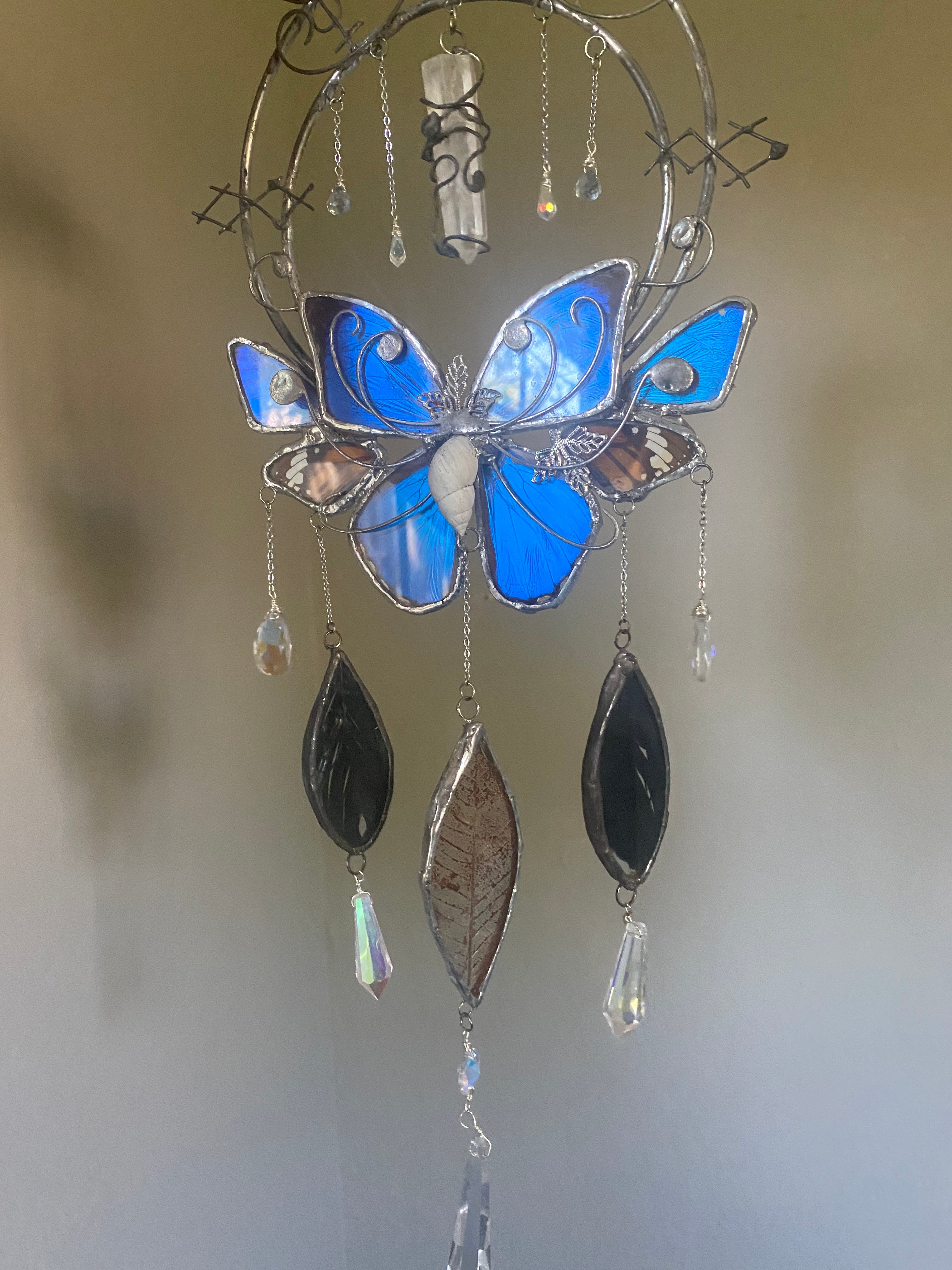 “Morpho Glyph Portal” Black Petina Organic Morpho and Monarch Wall Art with Runic Protection Glyphs, Crow Feather Suncatcher