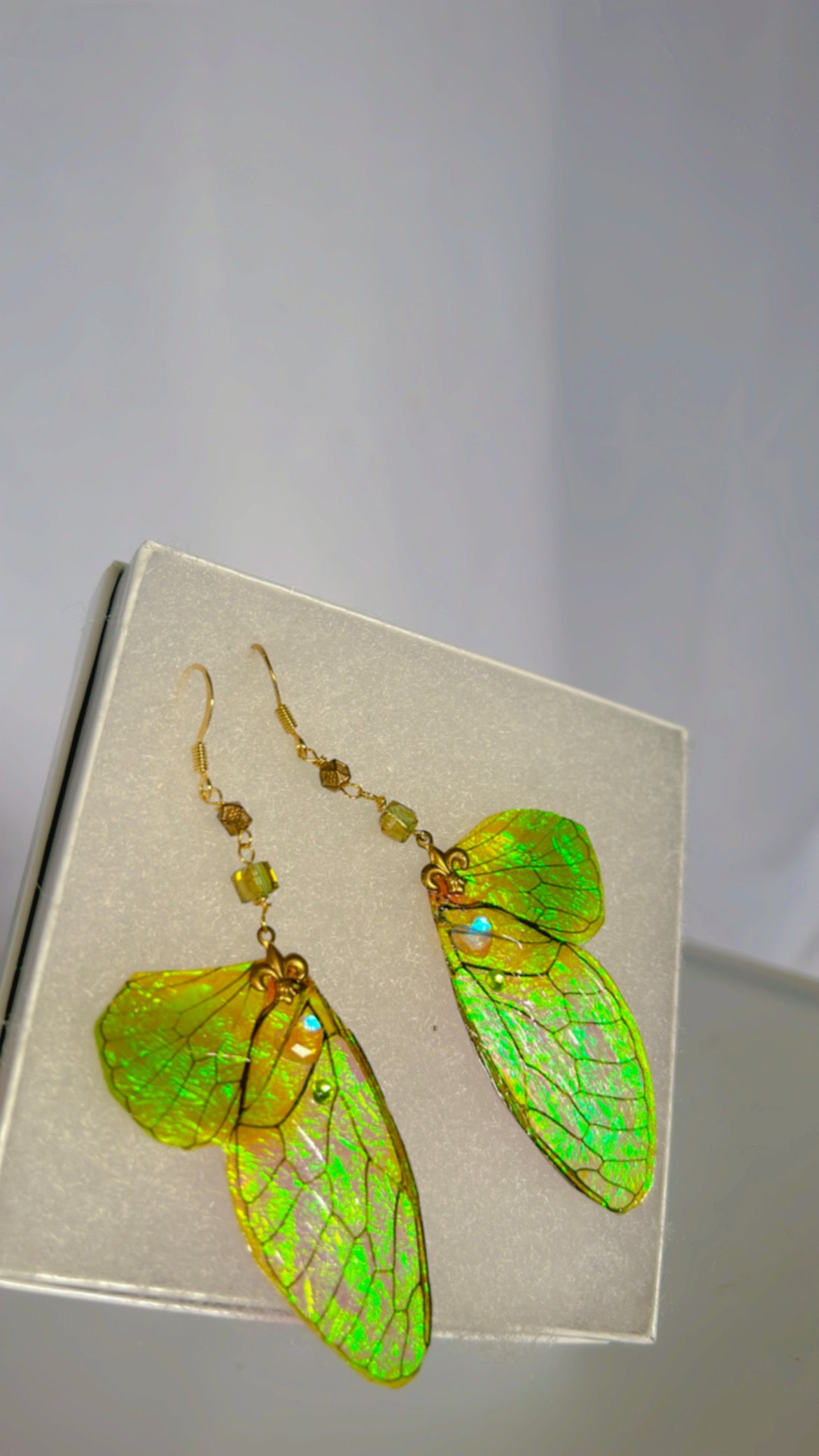 Iridescent Green Wing Set 14k Gold Coated for Sensitive Ears