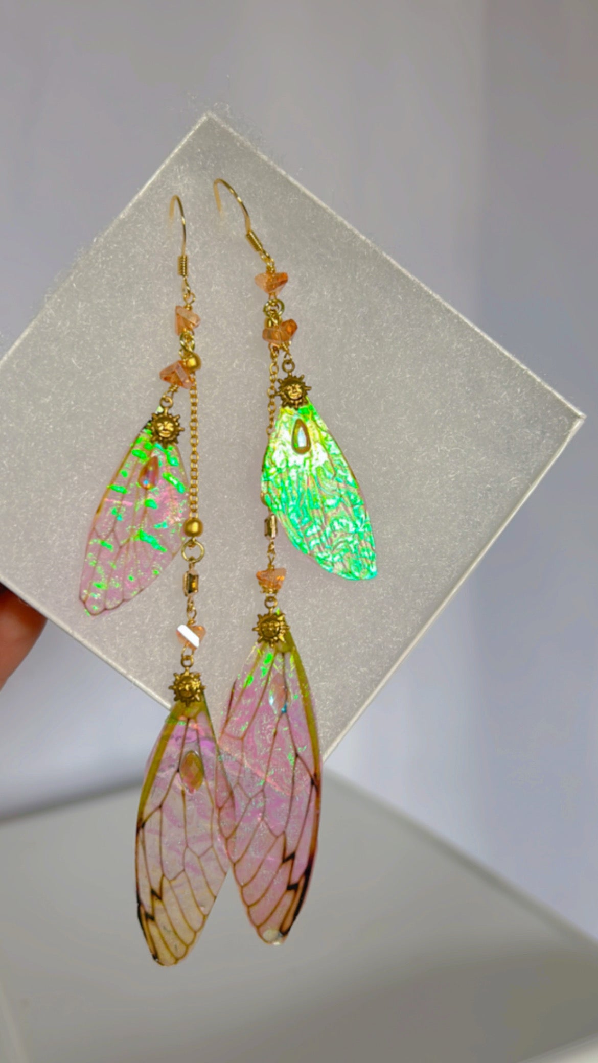 Double wing Cicada with Orange Swarovski Princess Wing Set with 14k Gold Coated Hooks for Sensitive Ears