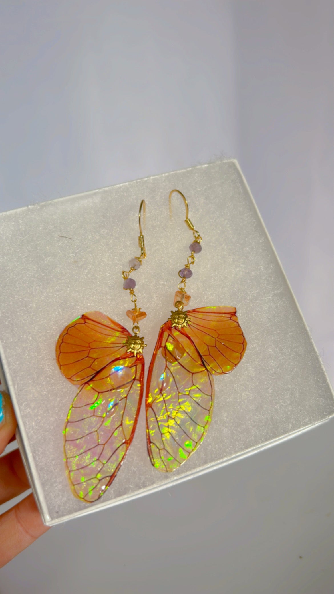 Orange Irridescent Wing Set 14k Gold Coated for Sensitive Ears