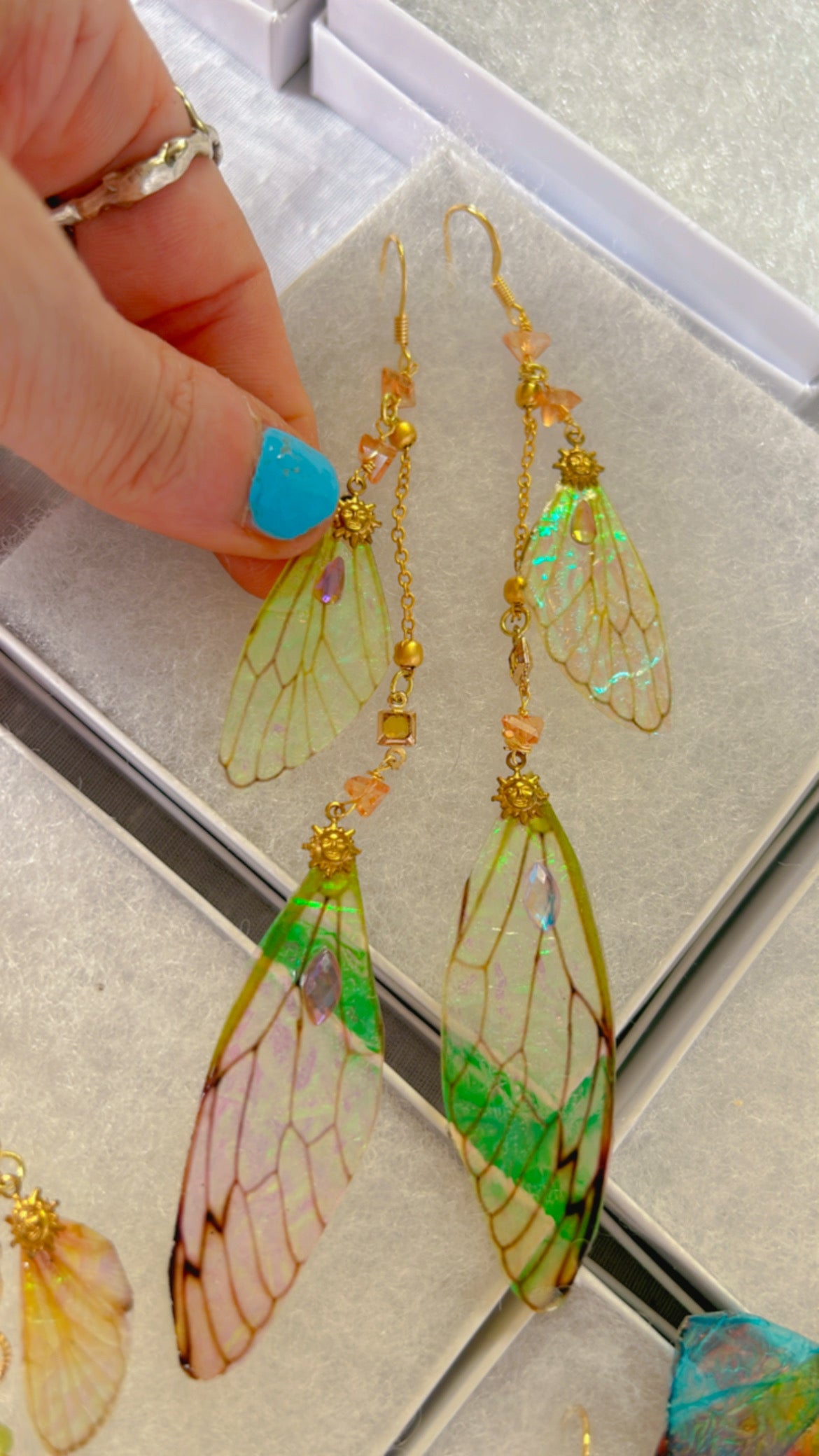 Double wing Cicada with Orange Swarovski Princess Wing Set with 14k Gold Coated Hooks for Sensitive Ears