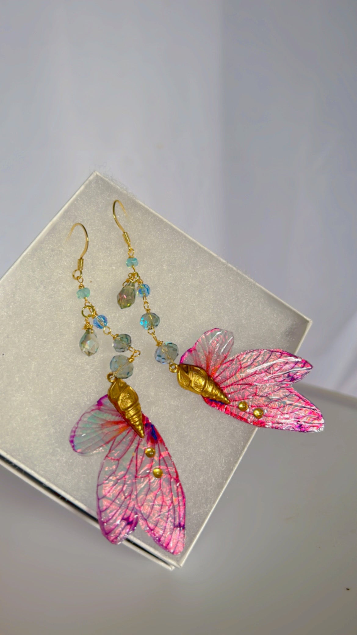 Shell and Magenta Cicada Wing Set 14k Gold Coated for Sensitive Ears