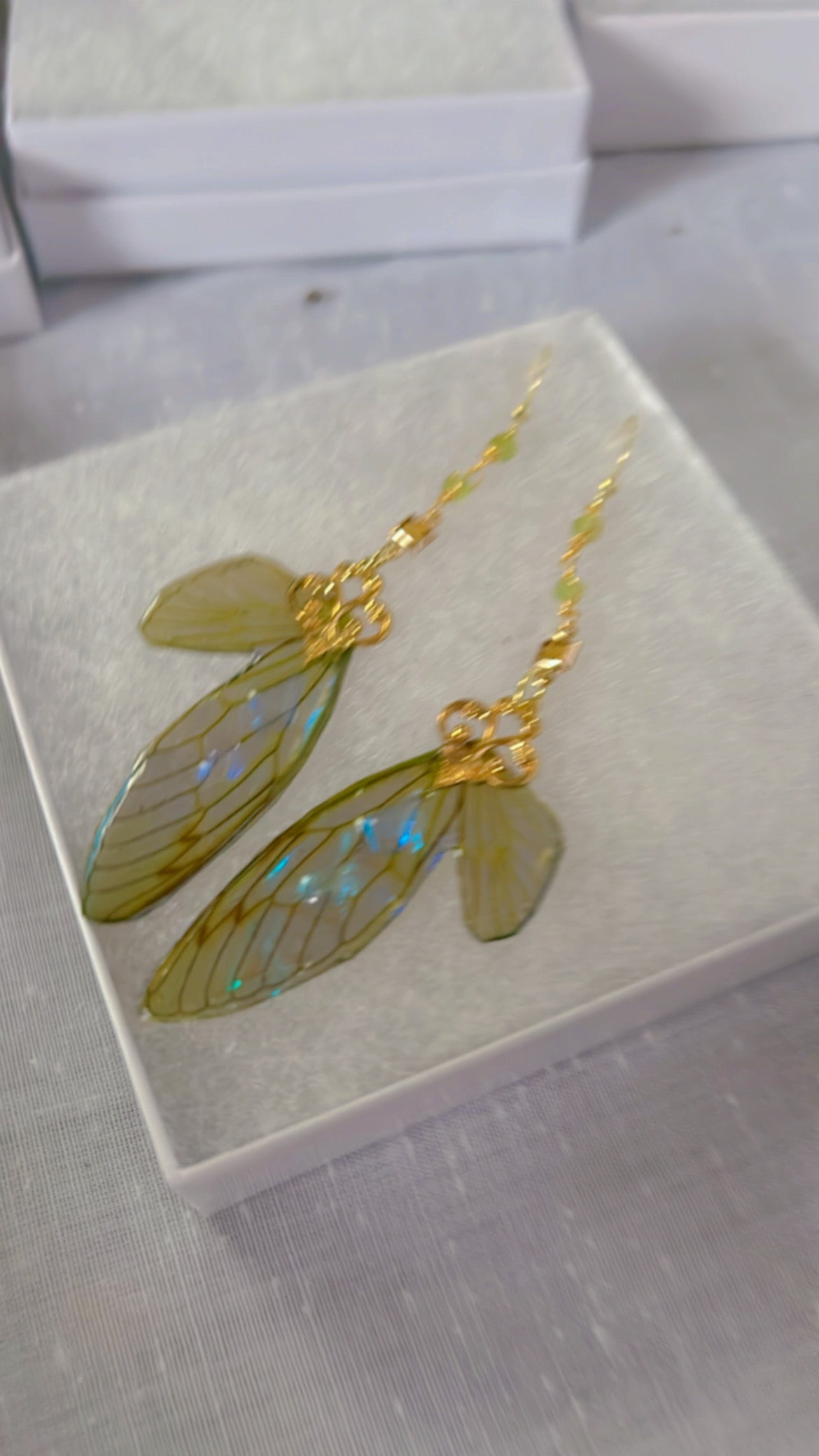 Blue Flashy “labradorite style” Cicada Wing Set with 14k Gold Coated Hooks for Sensitive Ears