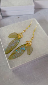 Blue Flashy “labradorite style” Cicada Wing Set with 14k Gold Coated Hooks for Sensitive Ears