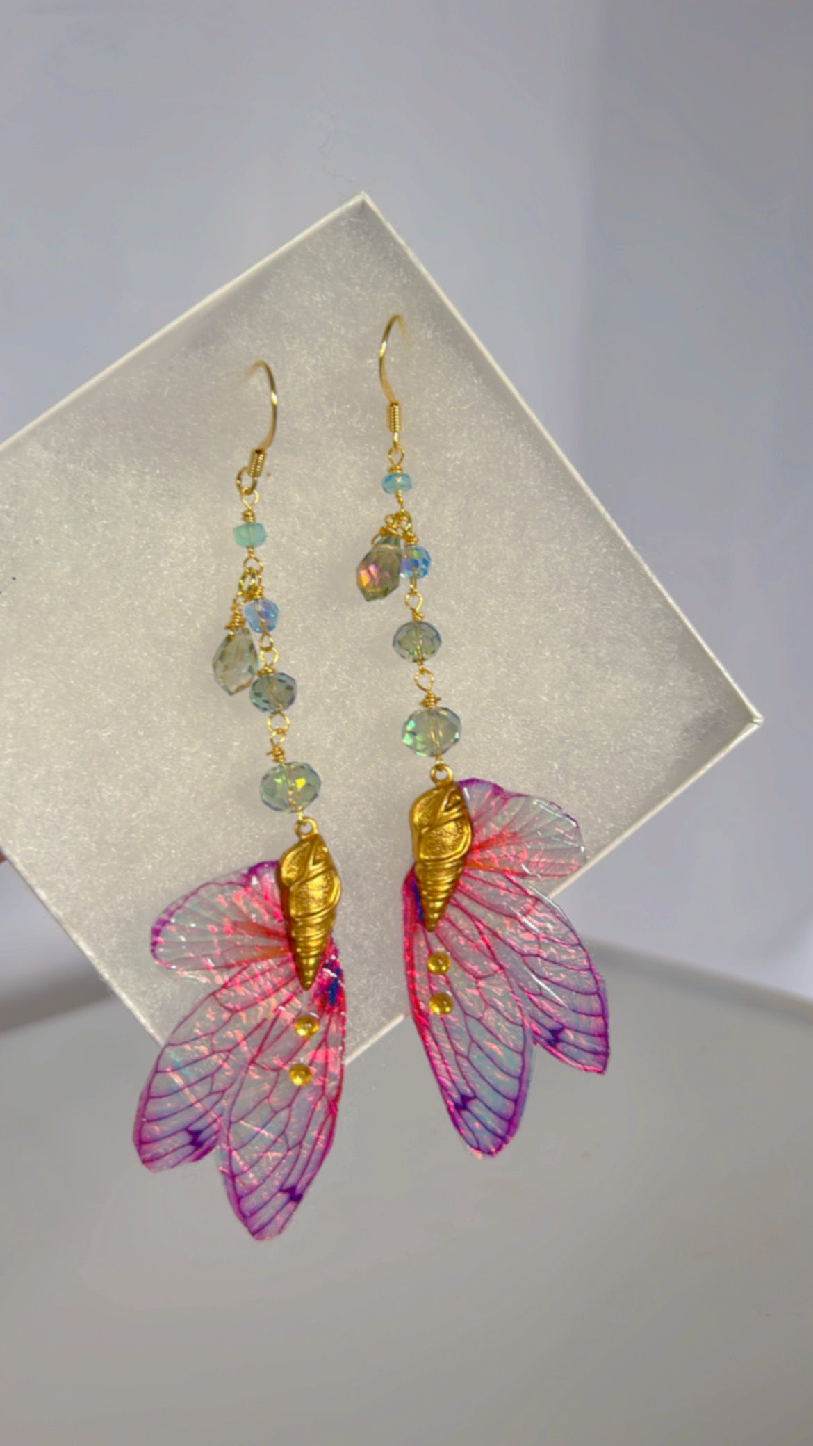 Shell and Magenta Cicada Wing Set 14k Gold Coated for Sensitive Ears