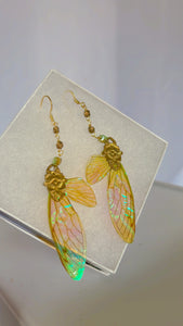 Pink and Green Delicate Nouveau Cicada Wing Set with 14k Gold Coated Hooks for Sensitive Ears