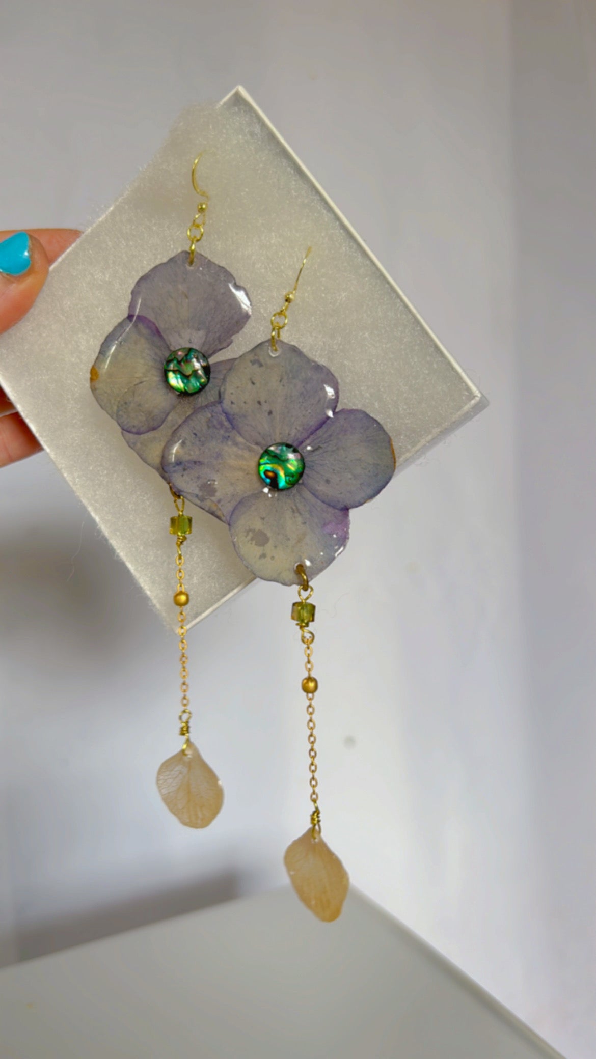 Lavender Hydrangea and Abalone Wing Set 14k Gold Coated for Sensitive Ears