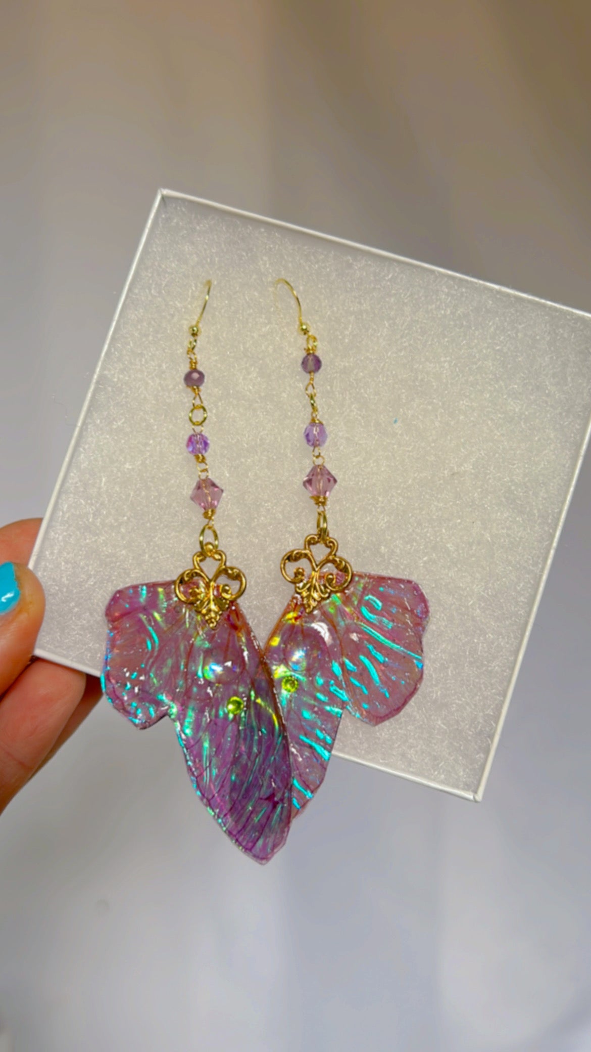 Purple Irridescent Wing Set with 14k Gold Coated Hooks for Sensitive Ears