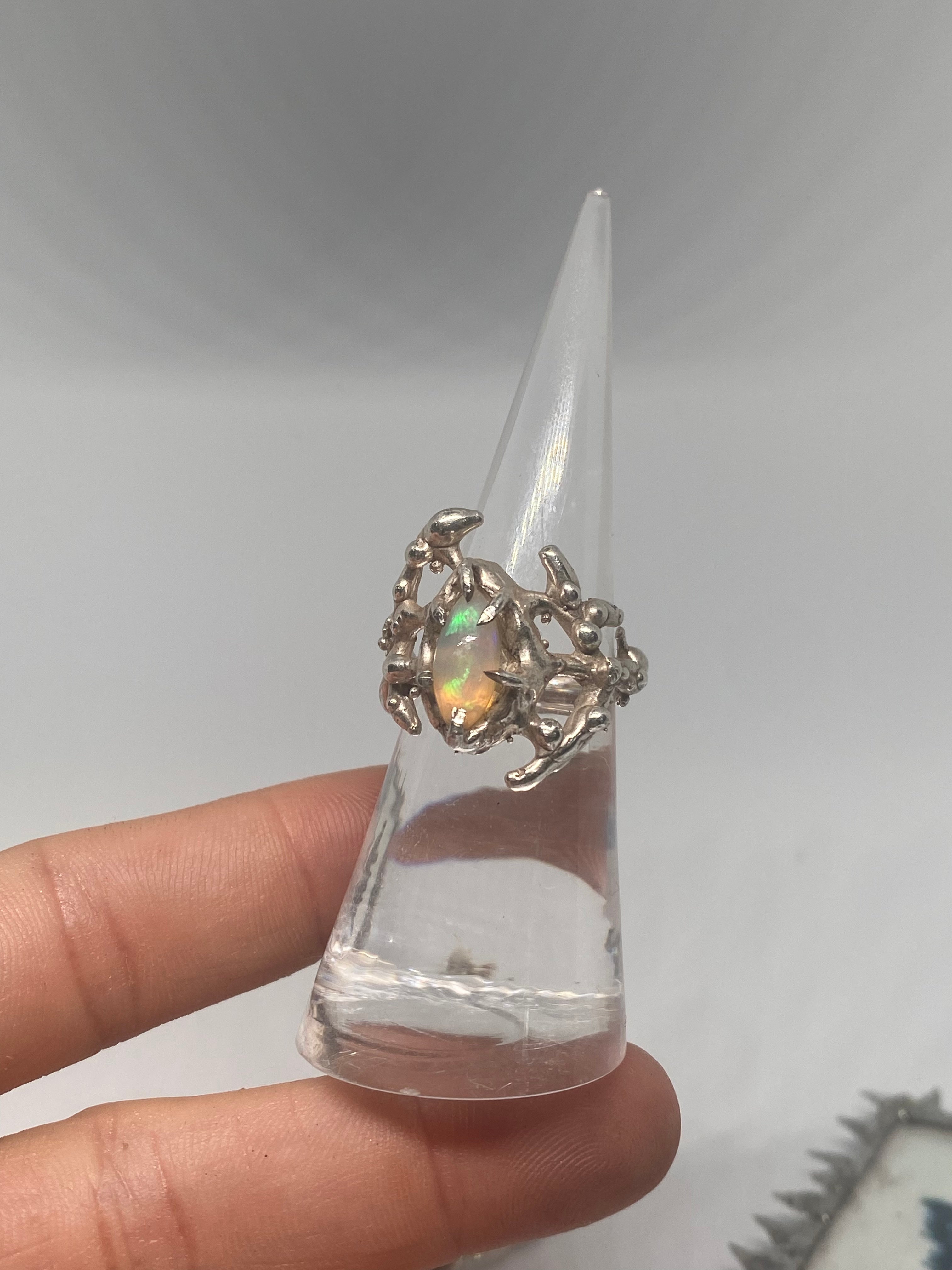 “Crested Dew” Ethiopian Opal, Sterling 925 Silver Spiked Ring Size 6.5