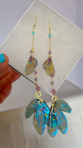 Blue Flashy Cicada Wing Set with 14k Gold Coated Hooks for Sensitive Ears