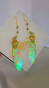 Pink and Green Delicate Nouveau Cicada Wing Set with 14k Gold Coated Hooks for Sensitive Ears