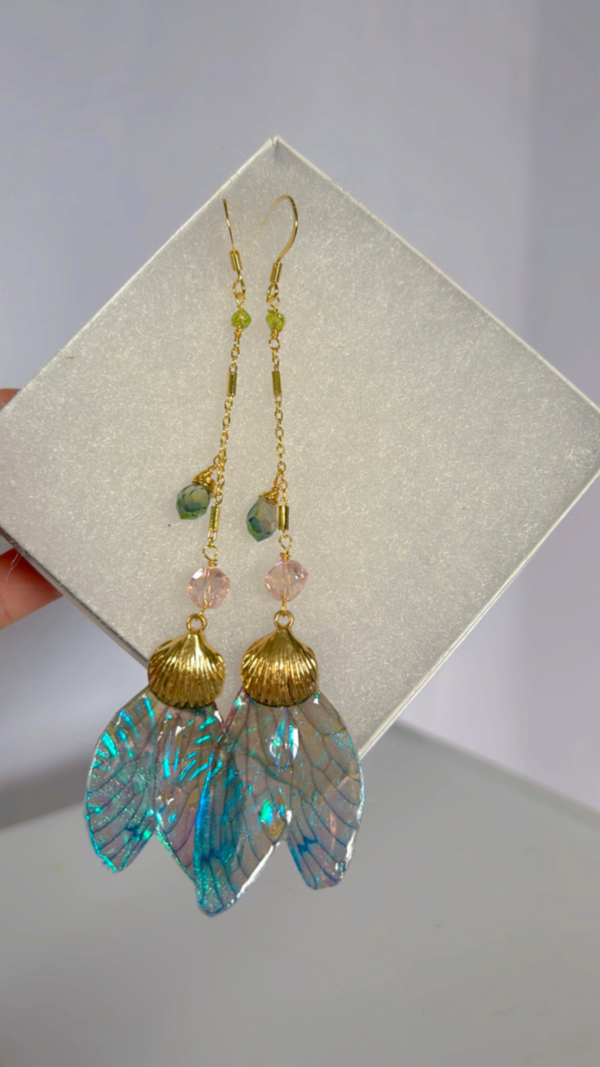 Flashy Blue Long Dangly Cicada Wing Set with 14k Gold Coated Hooks for Sensitive Ears