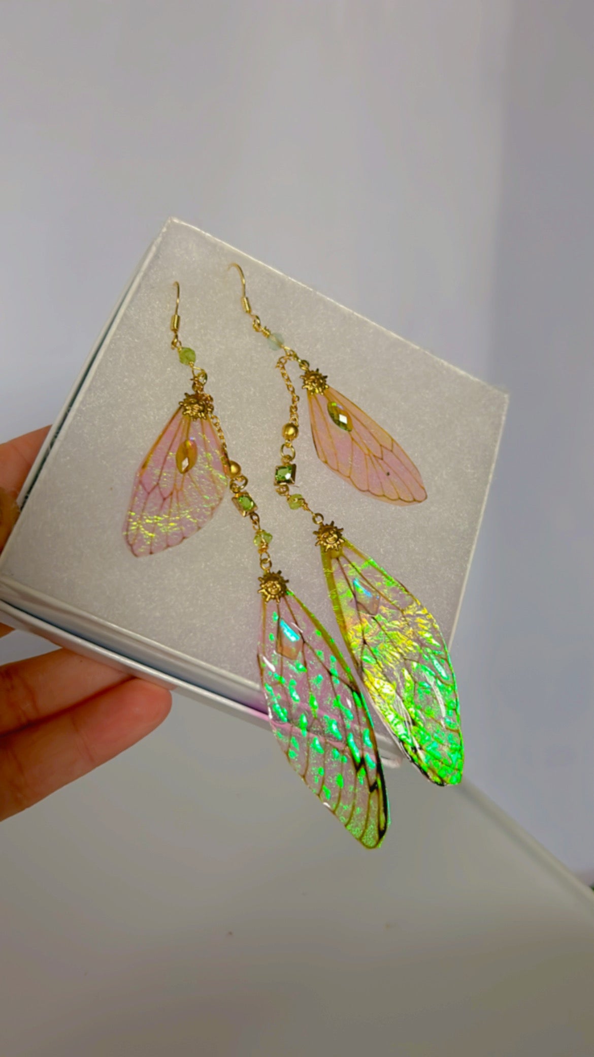 Pink and Green Princess Cicada and Green Peridot  Wing Set with 14k Gold Coated Hooks for Sensitive Ears