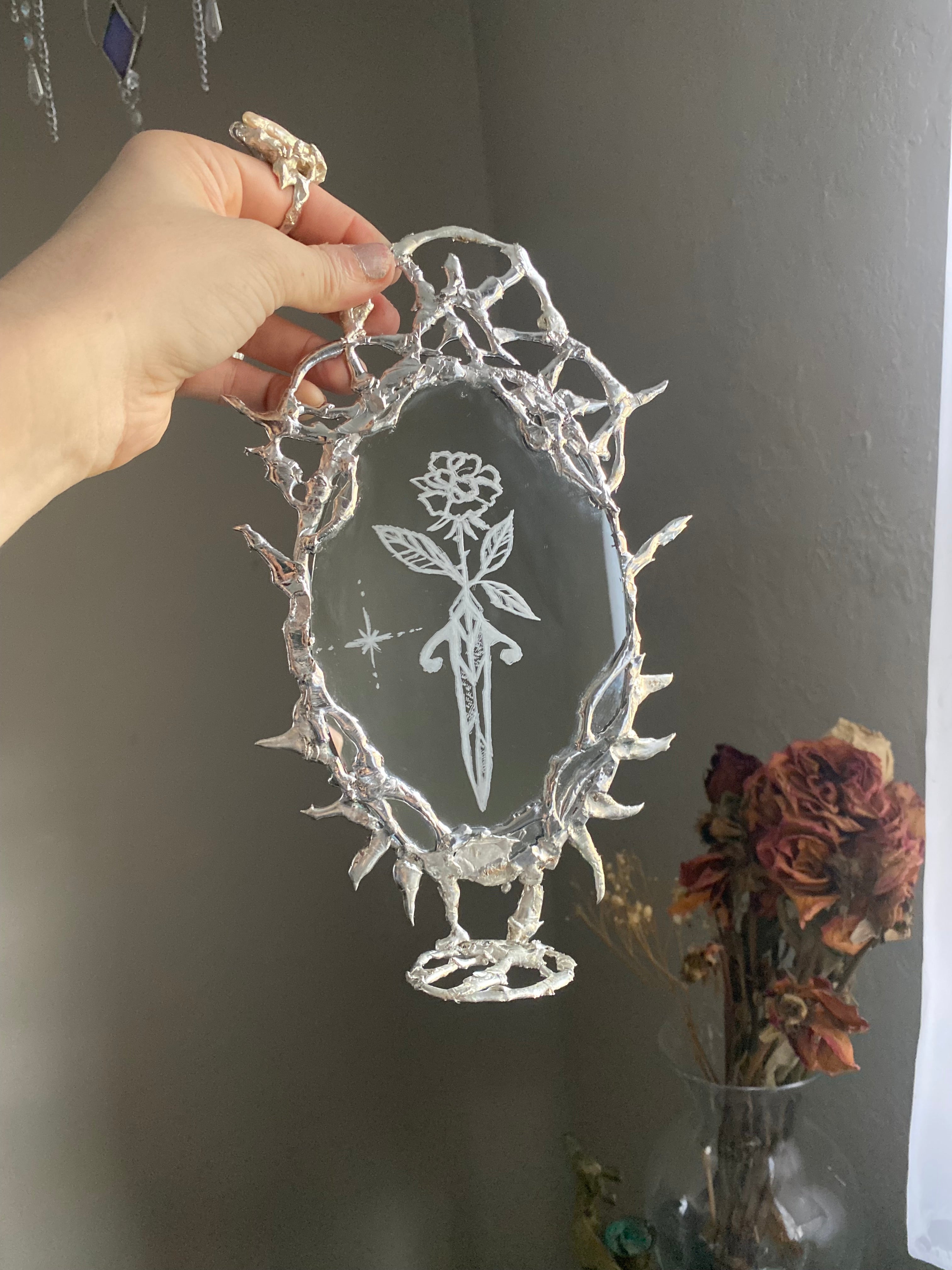 “Guarded Rose” Molten Metal Mirror with Tealight Altar, Goblincore Mirror