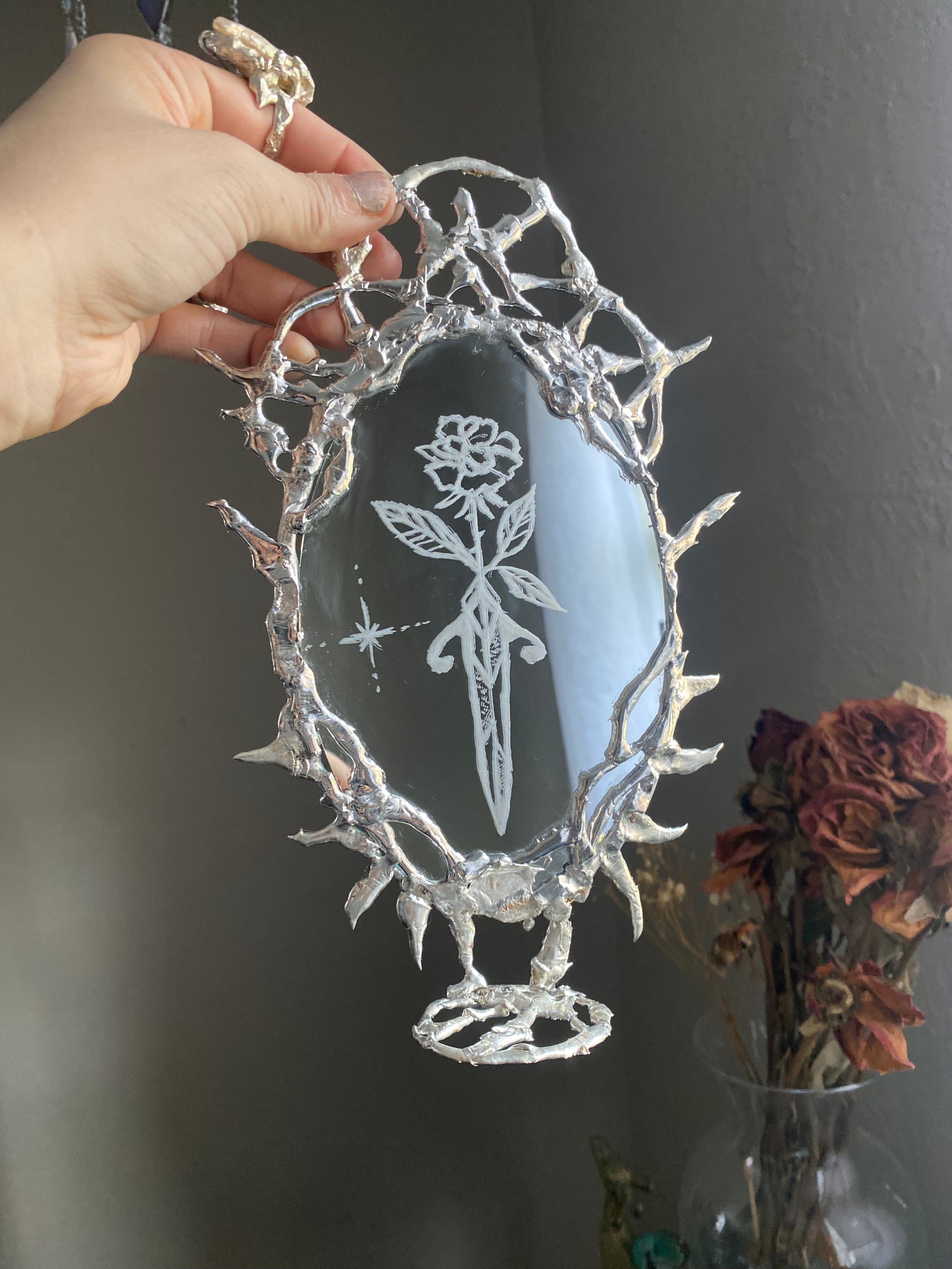 “Guarded Rose” Molten Metal Mirror with Tealight Altar, Goblincore Mirror