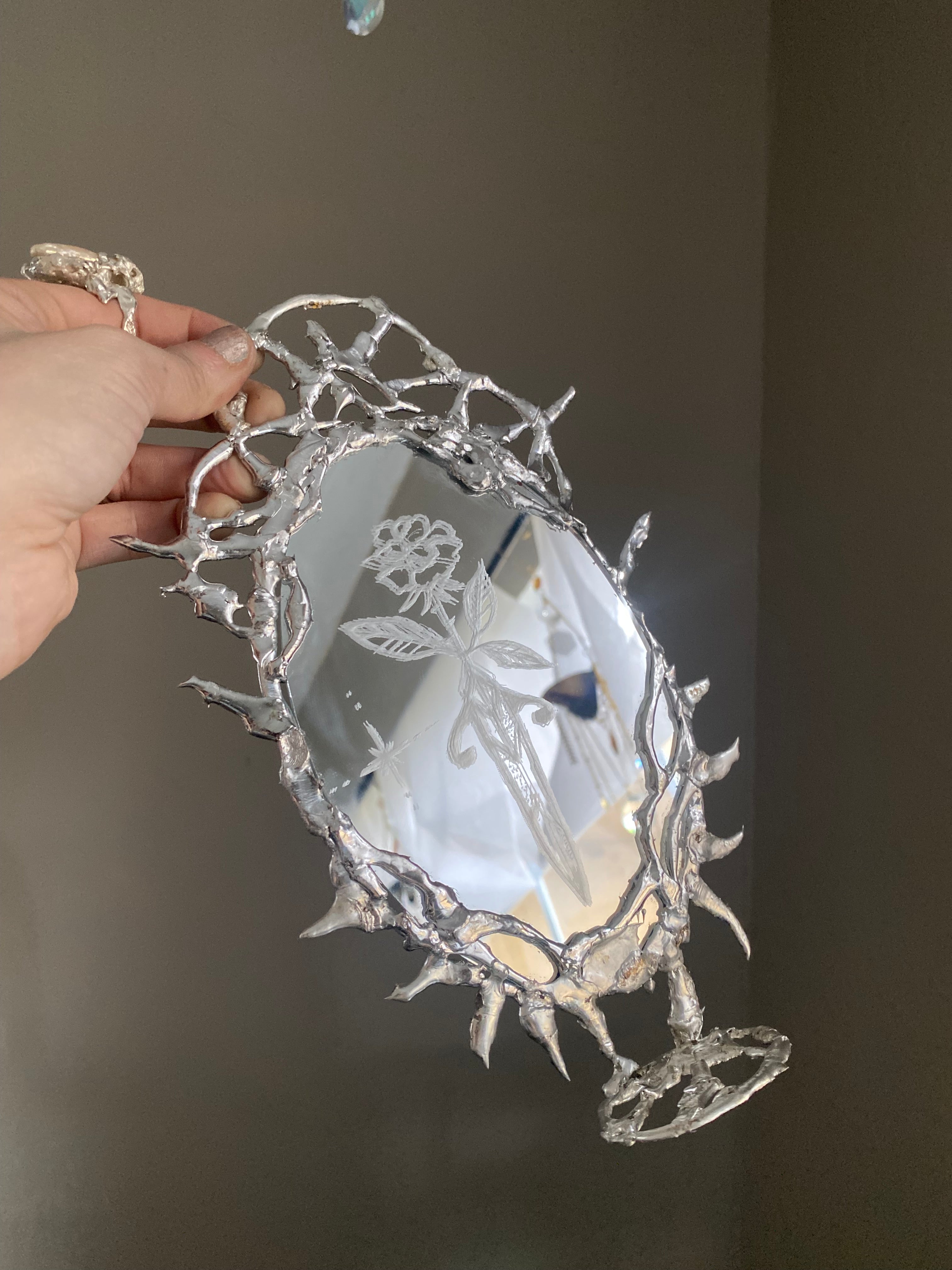 “Guarded Rose” Molten Metal Mirror with Tealight Altar, Goblincore Mirror