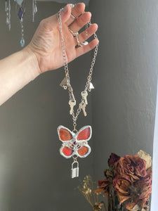 Organic Red Butterfly Necklace with Silver Rhodium Chain