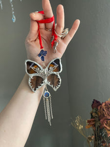 Organic Moth Necklace, Morpho Butterfly Detail  With Hydrangea on Red Ribbon